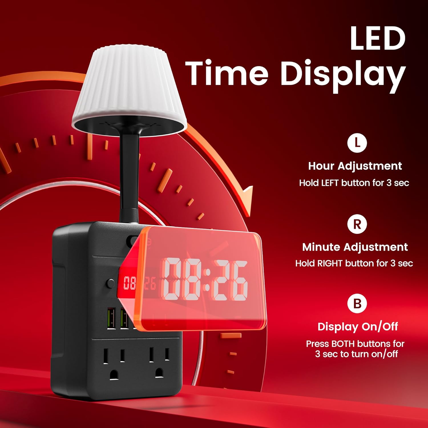 Lamp & Power Strip with Digital Clock, 4 Outlets 5 USB Ports (2 USB C), Dimmable Nightstand Light with 3 Color Temperatures, Multi-Functional Wall Outlet Extender for Bedroom, Dorm, Office, Black