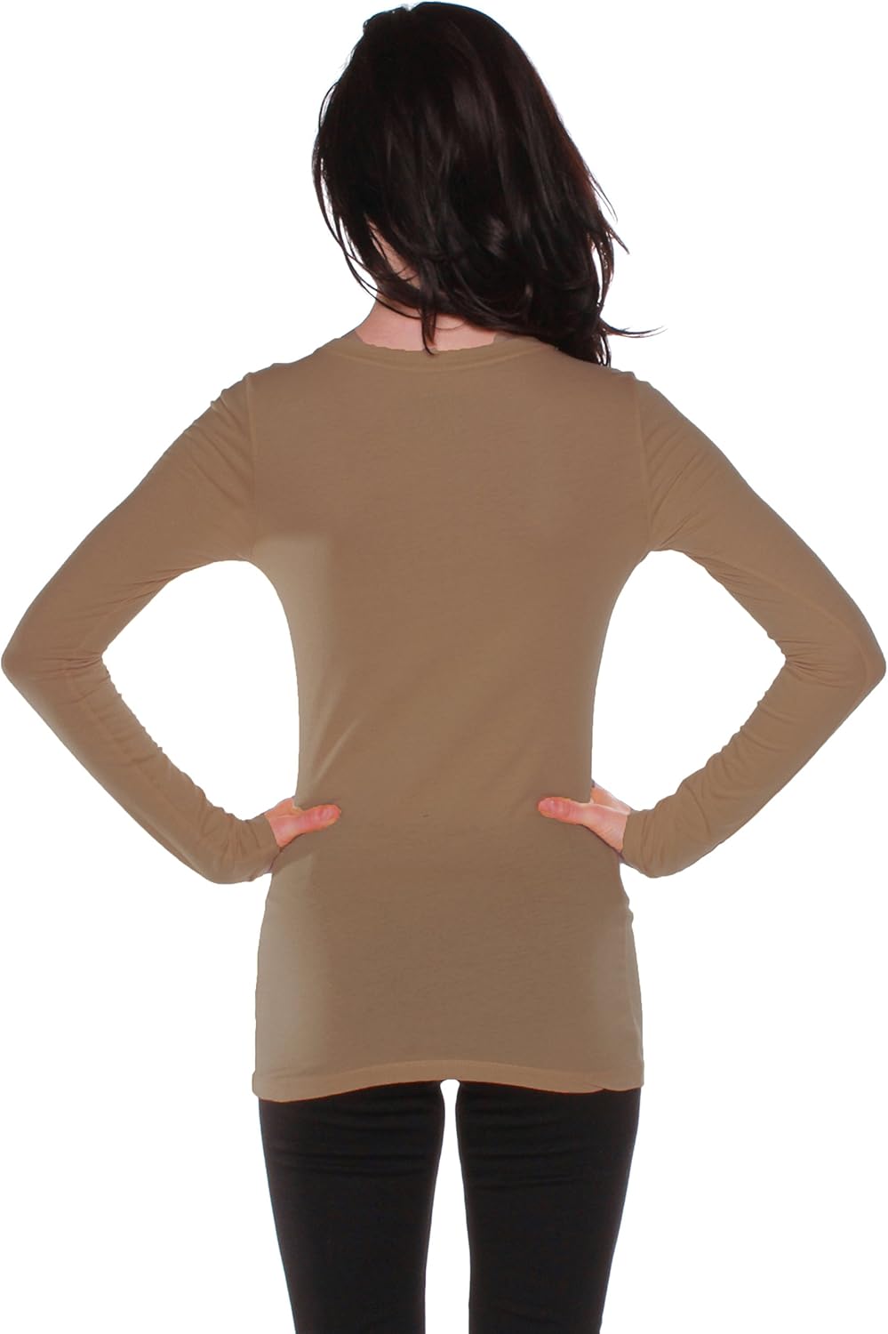Active Basic Athletic Fitted Plain Long Sleeves Round Crew Neck T Shirt Top,Medium,Mocha - Image 3