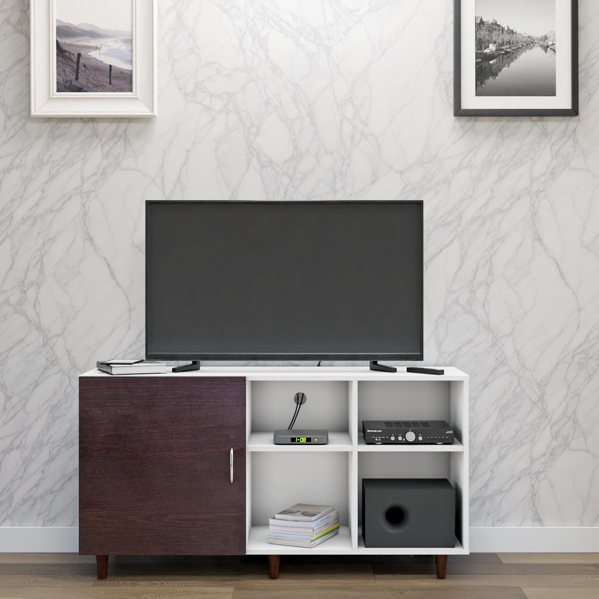VIKI Modern TV Unit for Living Room | Engineered Wood TV Cabinet with 1 Door Storage & 2 Open Shelves, Entertainment Unit, 140W x 74H x 40D cm | DIY | 1 Year Warranty (White & Wenge)-image-13