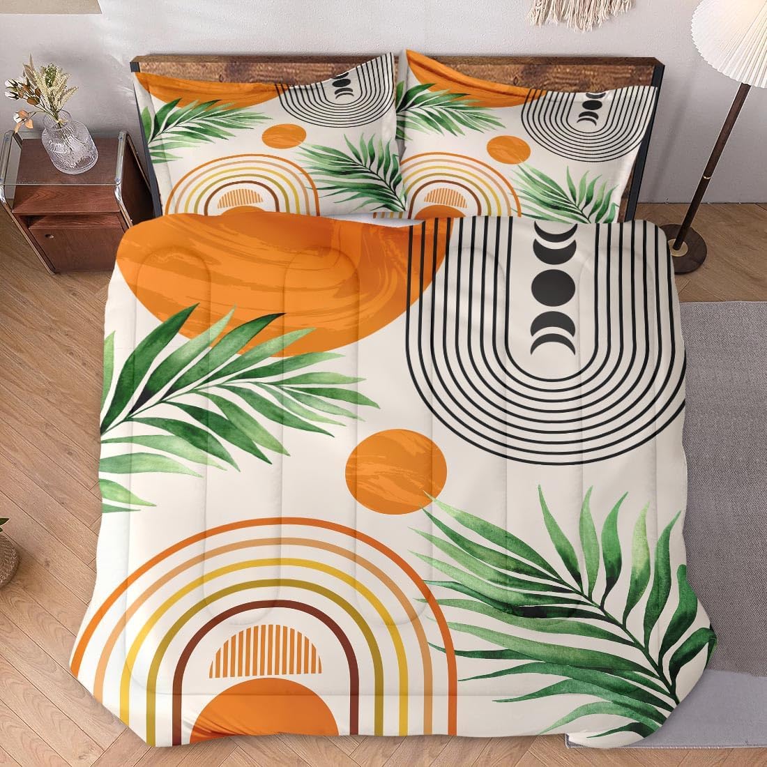Full Size Comforter Set with 2 Pillowcases, Contemporary Mid Century 3 Pcs Bedding for Kids and Adults, Rainbow Sun Boho Geometric Soft Comforter Set for Bedroom Bed Decor - Image 2