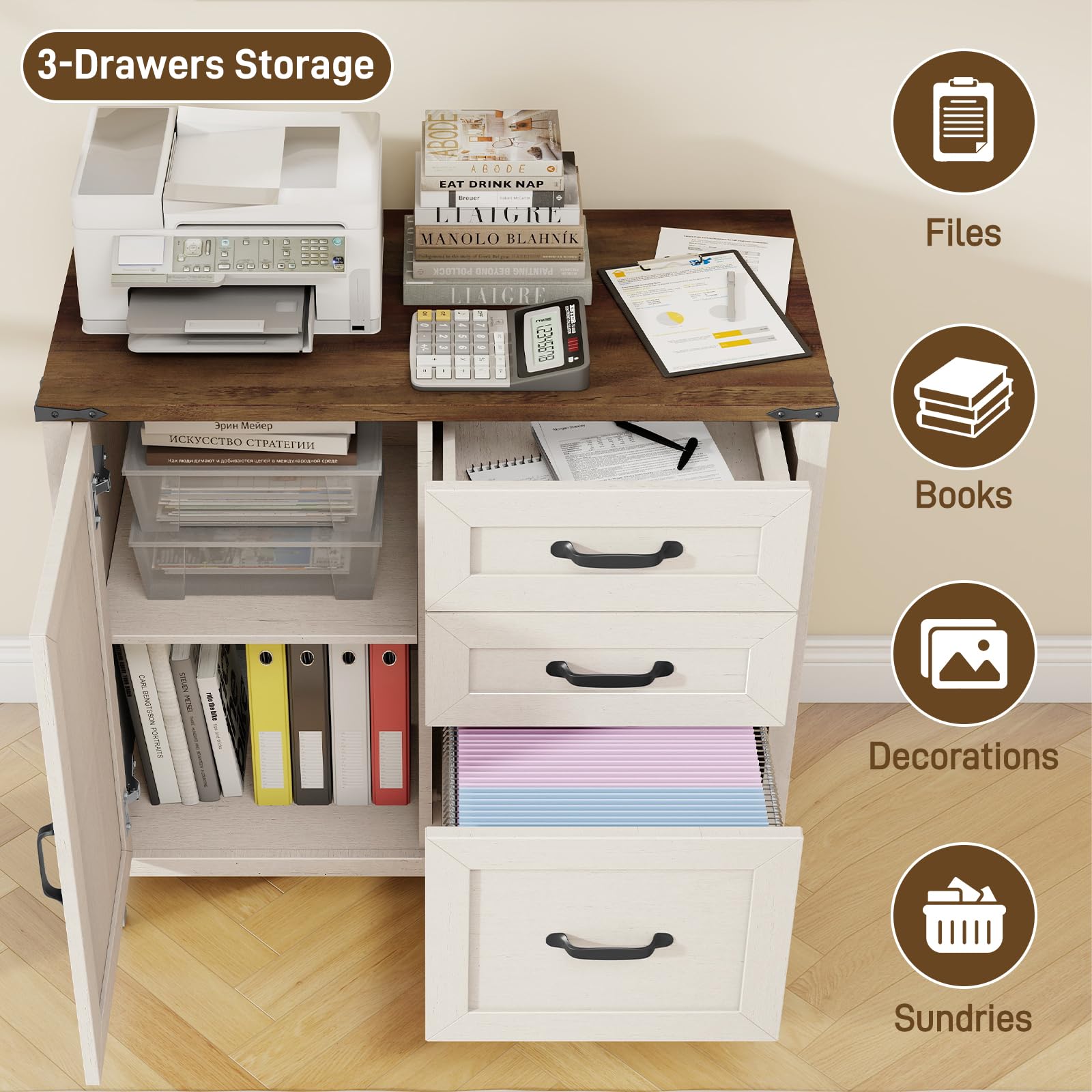 BonVache Aktenschrank mit 3 Schubladen & Tür, Landhausstil Schubladenschrank aus Holz, Weißer Büroschrank für Homeoffice, Schrank mit Druckerablage, geeignet für A4/Letter Hängeregister