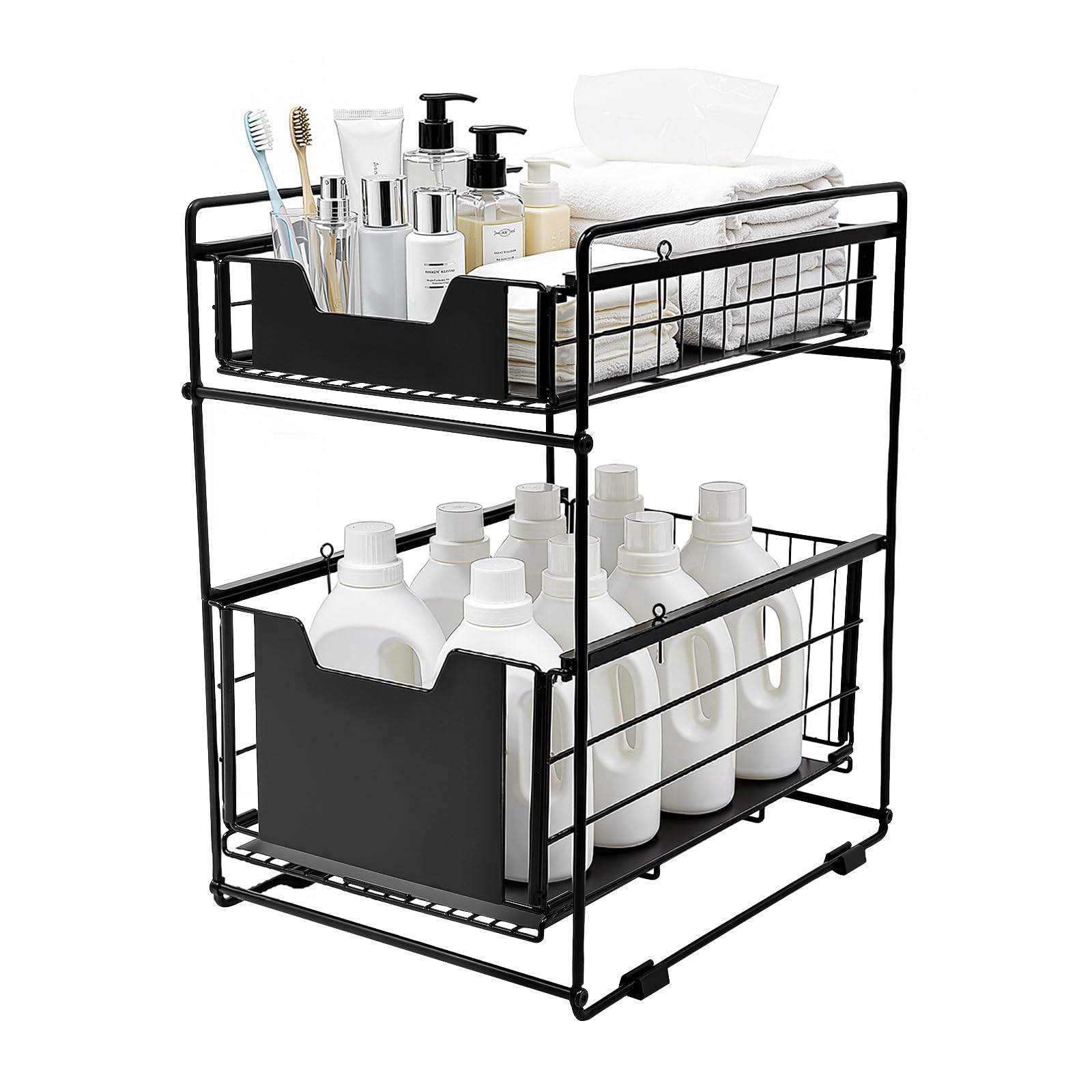 Under Sink Storage Organiser, 2 Layer Pull Out Sliding Basket, Sturdy Metal Cabinet Rack with Anti-Slip Base & Anti-Drop Guardrail, Waterproof Rustproof Shelving Unit for Home Kitchen Bathroom Cupboar