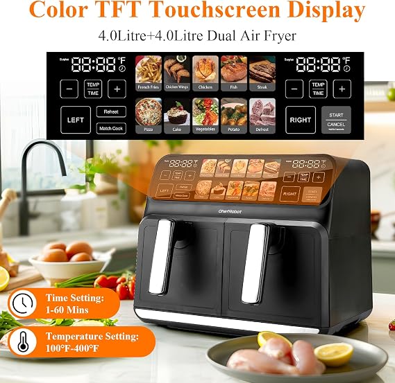 ChefRobot Dual Air Fryer 8 Quart TFT Touch Screen Non Toxic for Family Size/Kitchen/RV