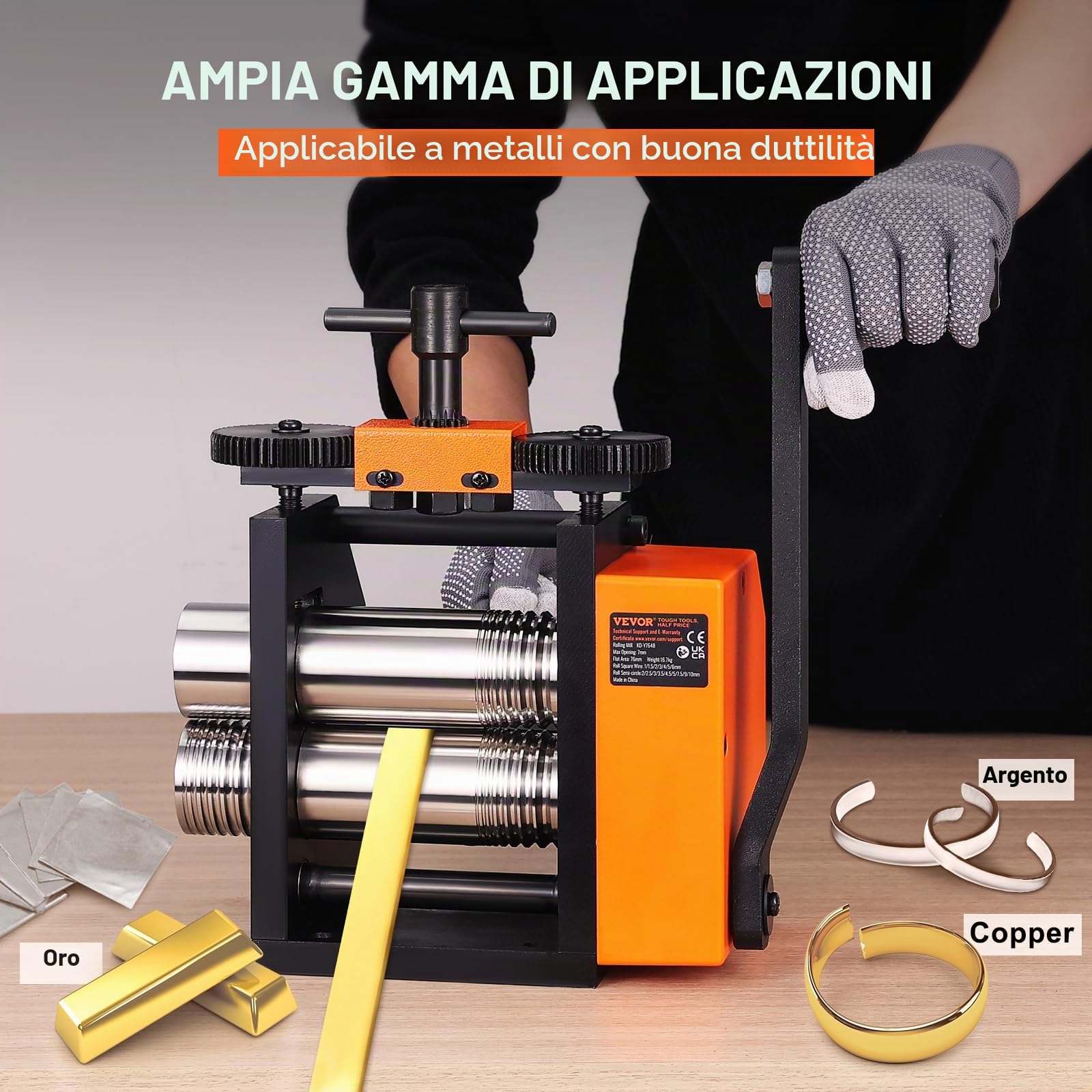 VEVOR Laminatoio per Gioielliere Larghezza 75mm, Laminatoio per Gioielli Spessore 0,03-6,5mm Rapporto di Trasmissione Regolabile 1:2 per la Lavorazione di Gioielli Lamiera Oro Argento Anello Bracciale