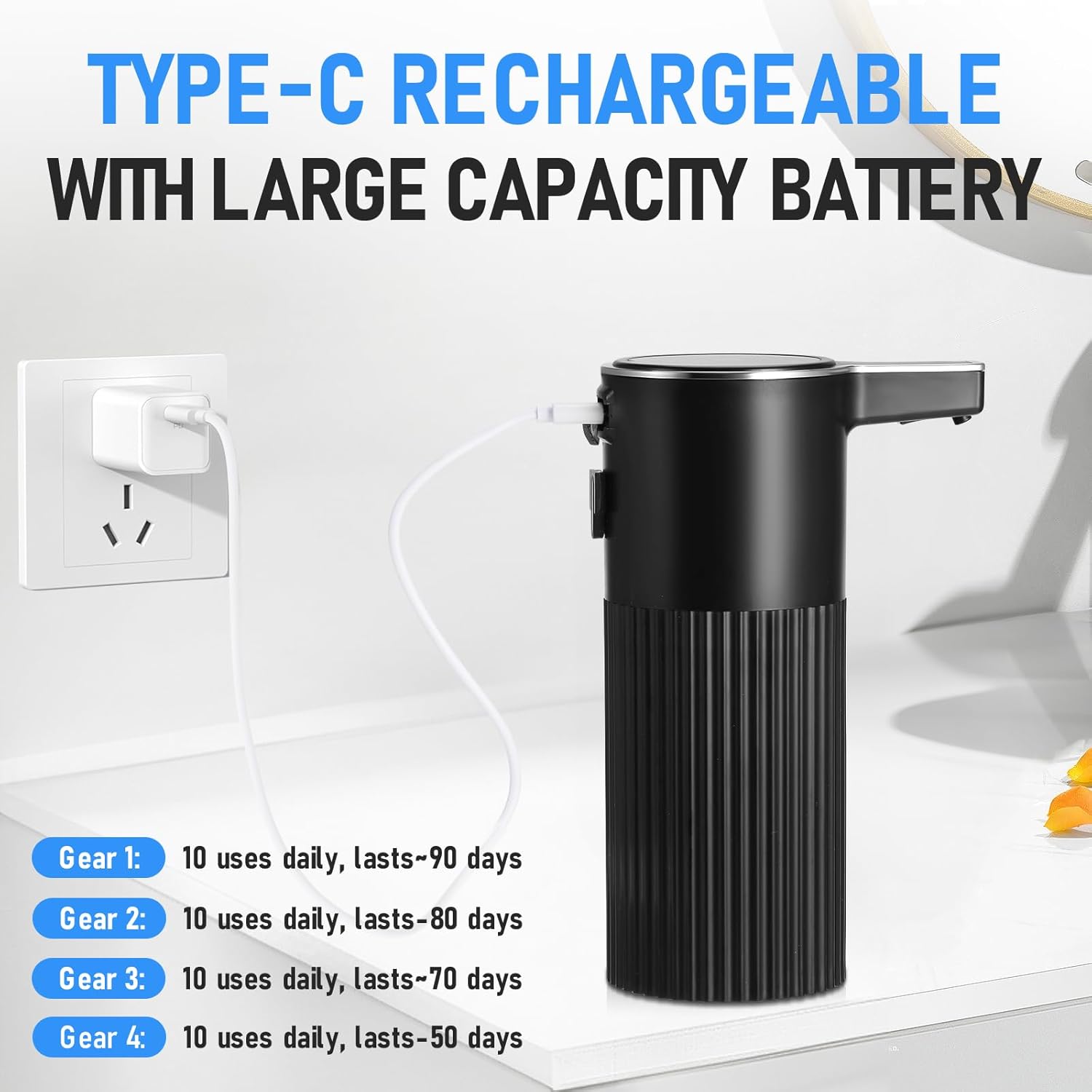 Automatic Soap Dispenser Touchless, USB Rechargeable Smart Hand Soap Dispenser, 4 Levels Adjustable, 13.5 oz/400 ml Wall Mounted for Bathroom, Kitchen (Black Foam) - Image 7