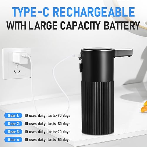 Miniatura 7 de Dispensador de jabón automático sin contacto, dispensador de jabón de manos inteligente recargable por USB, 4 niveles ajustables, 13.5 oz13.5 fl oz