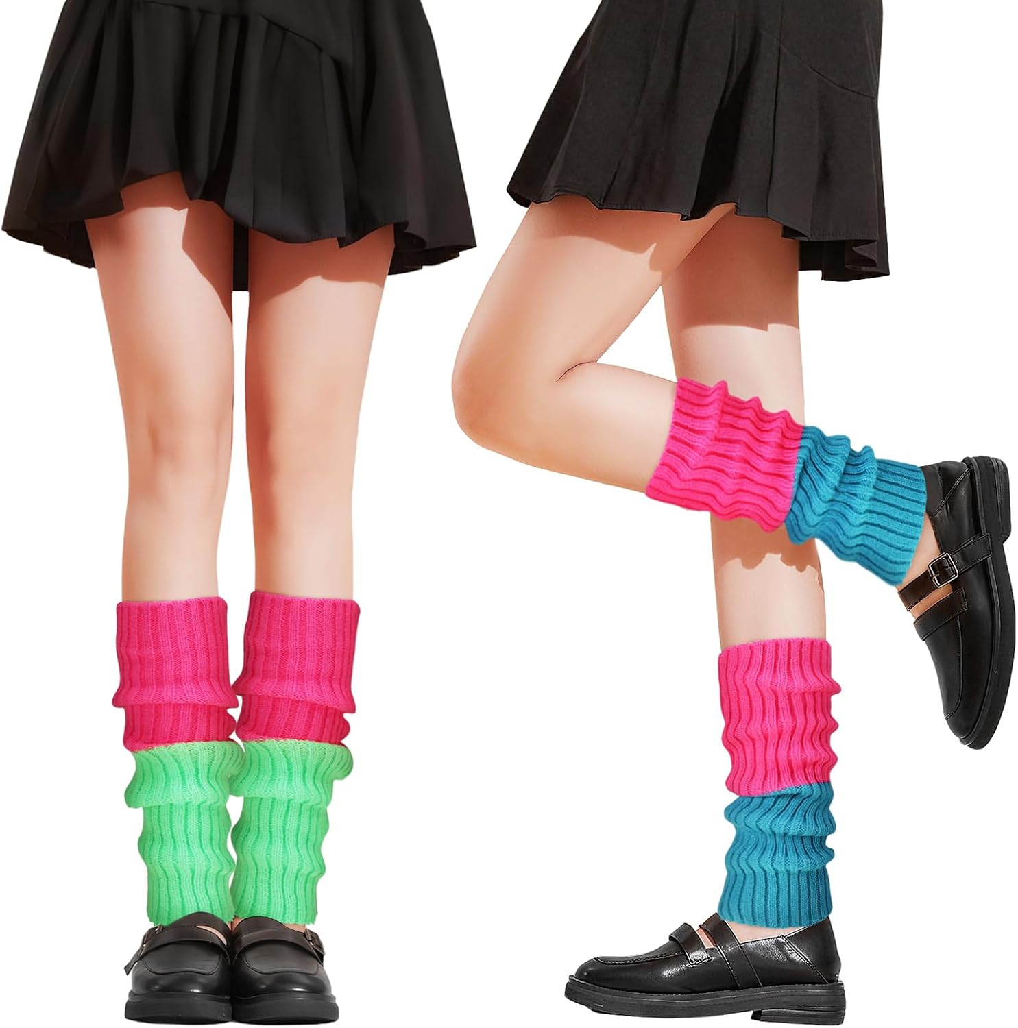 2 Pairs Neon Leg Warmers, 80s Accessories for Women, Retro Fashion Knit Legwarmers for Girls Dance Sports Yoga