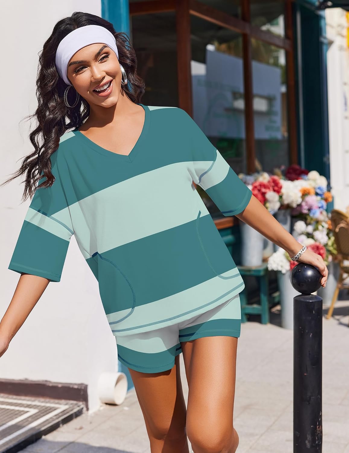 Ekouaer Two Piece Sets for Women Summer Lounge Sets 2026 Striped Shirts and Shorts Set Oversized Matching Outfit - Image 6