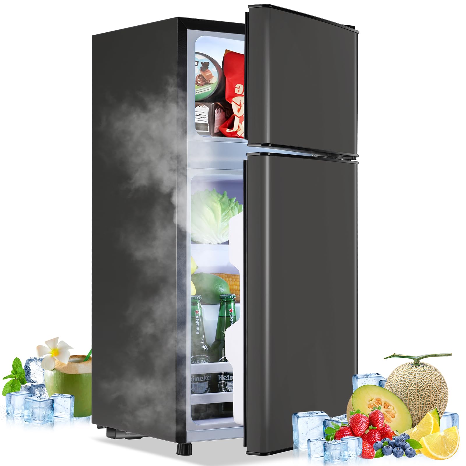 TACOOL 2.4 Cu.ft Mini Fridge with Freezer Dual Door Small Fridge Dark Grey