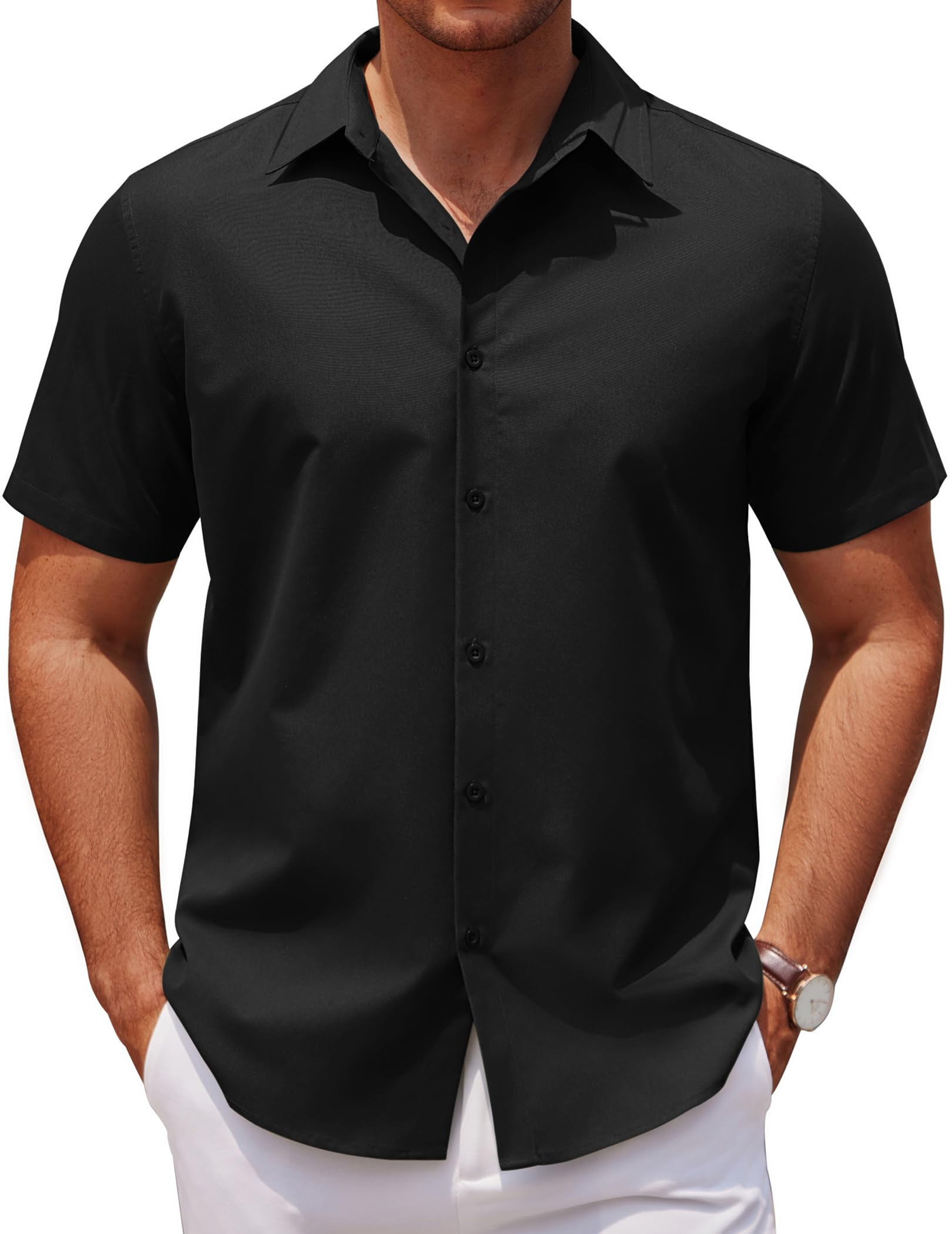 COOFANDY Men's Casual Short Sleeve Button Down Shirts Untucked Dress Shirts Wrinkle Free Summer Wedding Shirts Solid