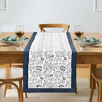 Ridhi Denim Blue Hand Block Print 100% Cotton Reusable Table Runner 16" X 90" Inches Table Runner Decorative Everyday Use for Dining, HomeGift for Spring, Easter, Valentine