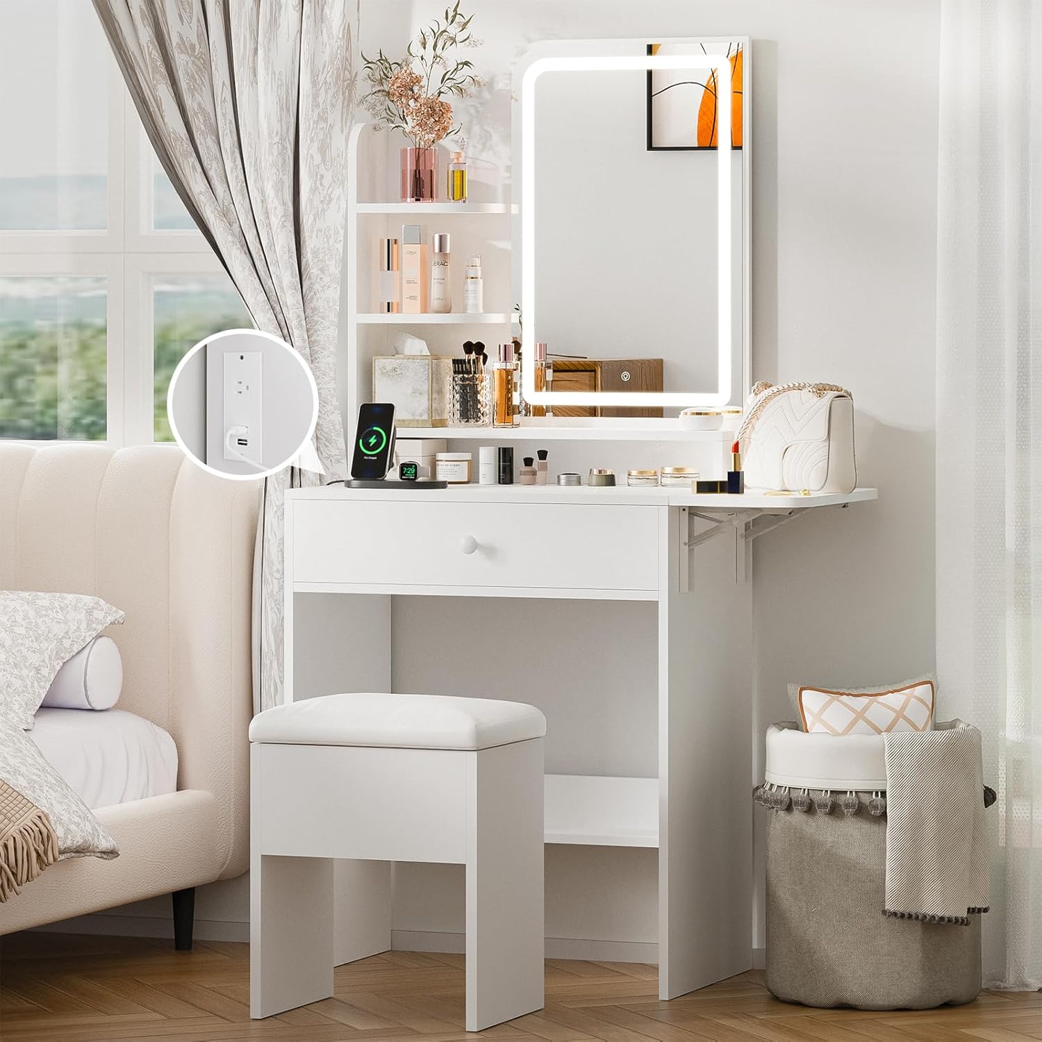 Haewon Small Vanity Desk with Mirror and Lights, White Makeup Vanity with Charging Station, Dressing Table Set with Storage Chair Drawer Shelves and Foldable Panel for Compact Space Bedroom