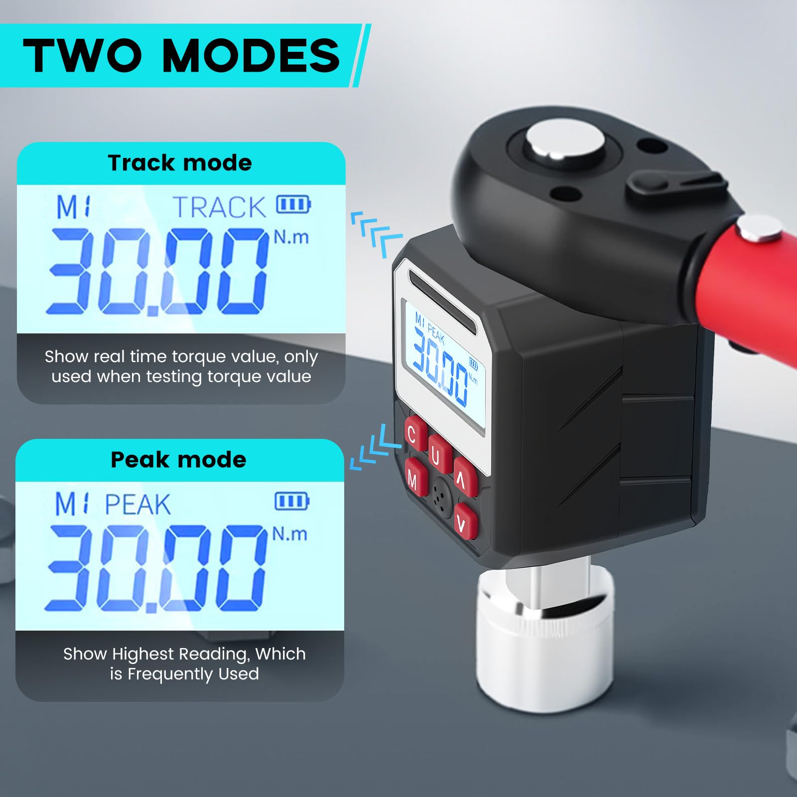 Adaptateur de Couple Numérique 1/2", 17-340Nm Clé Dynamométrique Numérique Outillage Mecanique Auto, Mode P/T, Stockage de Données, LED et Alerte Sonore, 1/4" 3/8" Adaptateur pour Auto, Moto
