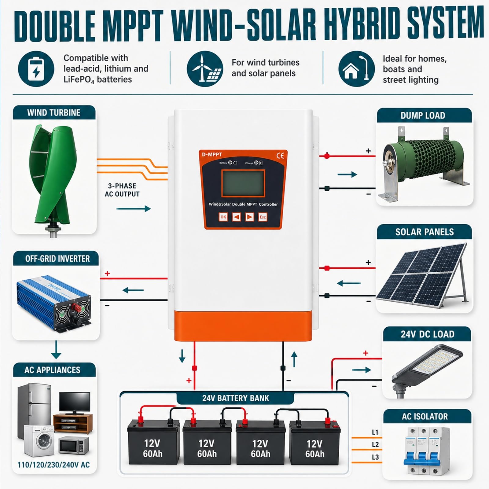 Regolatore Di Carica Ibrido Eolico E Solare Da 6000 W-15000 W, Regolatore Complementare Eolico E Solare, Ricarica Boost Mppt, Pannello Solare For Turbine Eoliche(12000,12V/24V)
