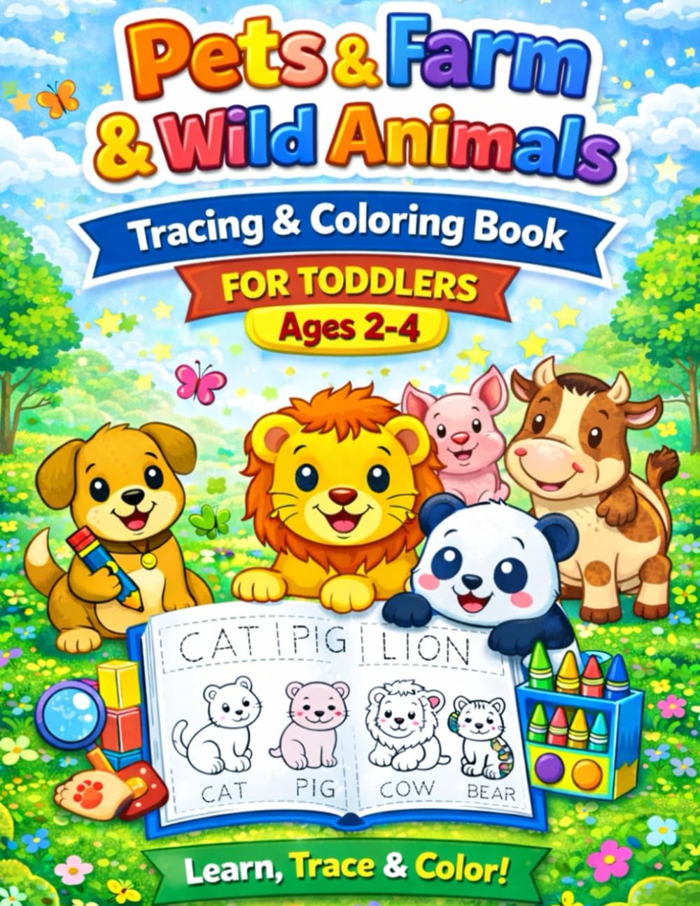 Pets, Farm & Wild Animals: A Tracing & Coloring Book for Toddlers Ages 2–4 (Early Learning Workbooks for Toddlers)