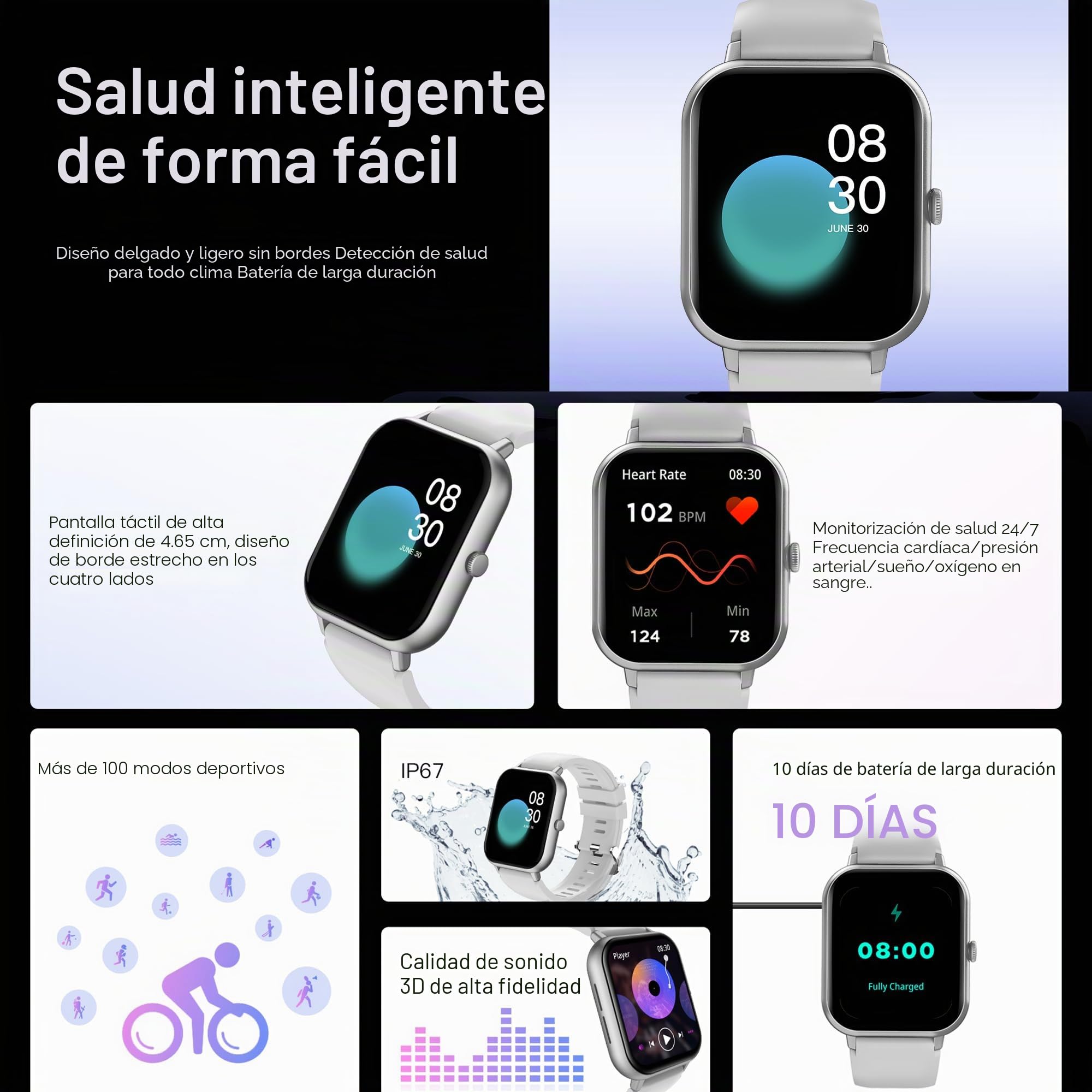 Reloj Inteligente Hombre Recibir y Contestar Llamadas, 1,83" Smartwatch Deportivo con Pulsómetro Presión Arterial, Monito de Sueño, SpO2, Podómetro Pulsera Reloj Impermeable para Android iOS (Plata)