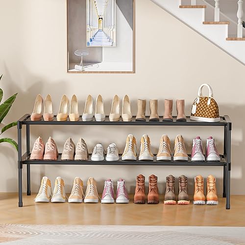 Zapatero largo de 2 niveles, organizador de zapatos ancho apilable para entrada de armario, estante de zapatos, resistente y duradero, ahorra espacio