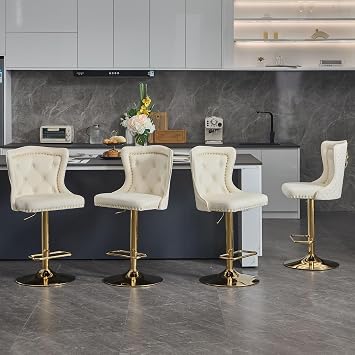 Gold Bar Stools Set of 4, Modern Velvet Adjustable Kitchen Island Chairs with Lion Pull Ring, Upholstered Swivel Bar Chairs for Counter/Dining Room/Home Bar, Cream
