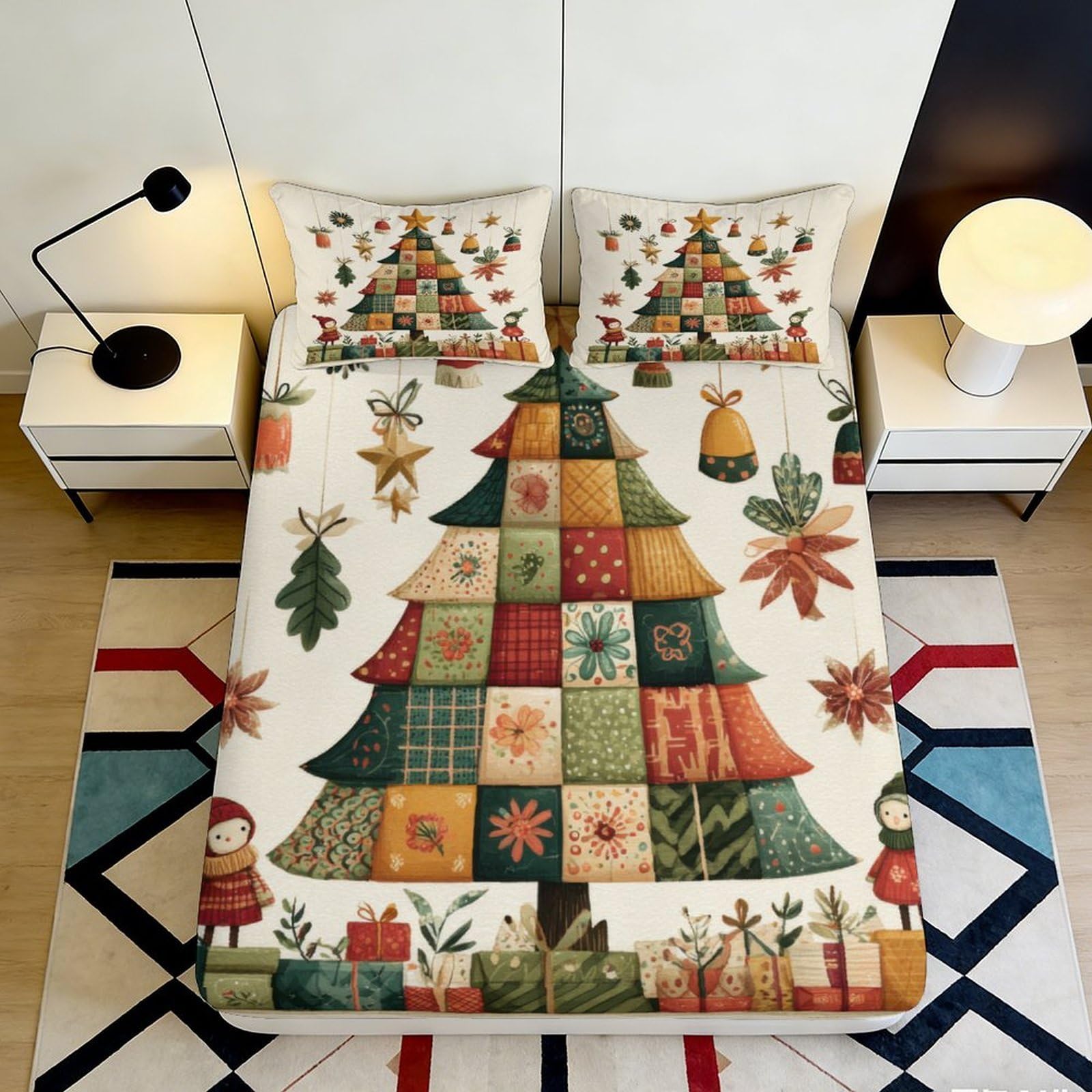 3D Printed Christmas Tree Fitted Sheet Microfiber Bedroom Deep Pocket Non-Slip Xmas Decor Mattress Fitted Cover for Adults Teens Washable Full Wrap 180x200x25cm