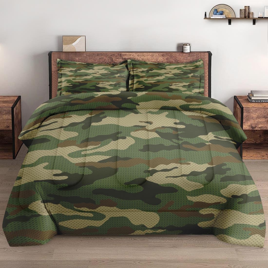 Pamnest Comforter Set Queen Size, Military Camouflage Soft 3 Pcs Bedding for Kids and Adults, Army Green Camo Comforter Set with 2 Pillowcases for Bedroom Bed Decor