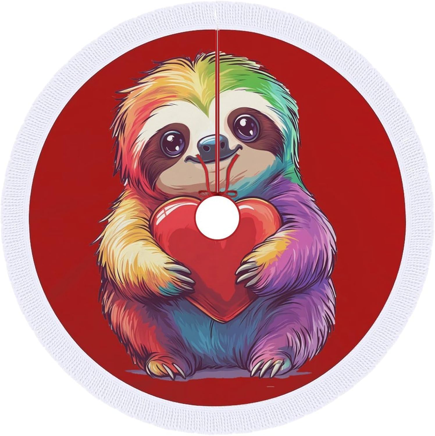 Colorful Sloth Heart Christmas Tree Skirt Round Xmas Tree Mat Ornaments Tree Skirts with Tassels for Holiday Party