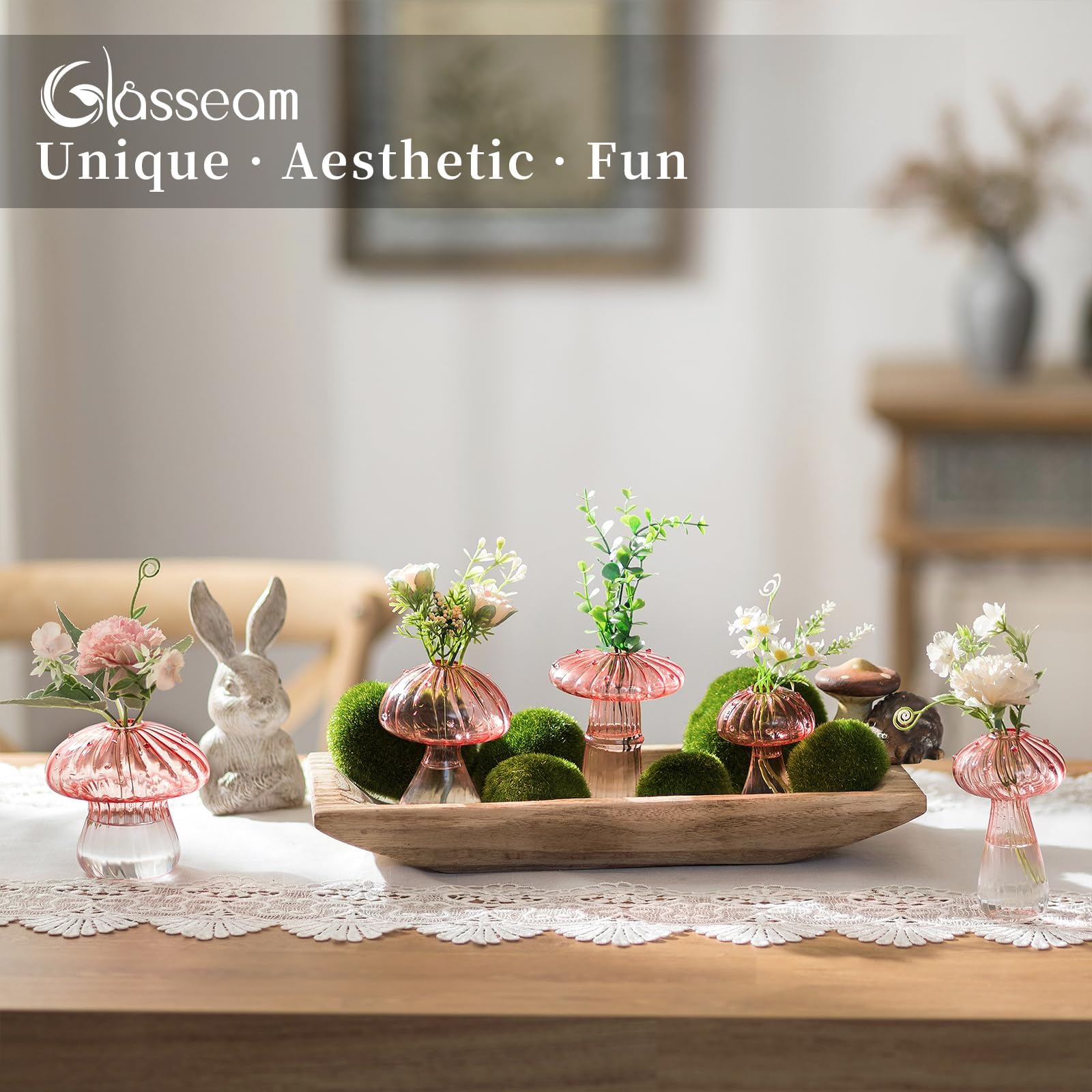 Glasseam Pilzpflanzen-Anzuchtstationen - Rosa Glas-Terrarium Glas Set mit 5 niedlichen Pflanzgefäßen für Zimmerpflanzen Dekorative Anzuchtstation Einzigartige Weihnachten Geburtstag Geschenke für