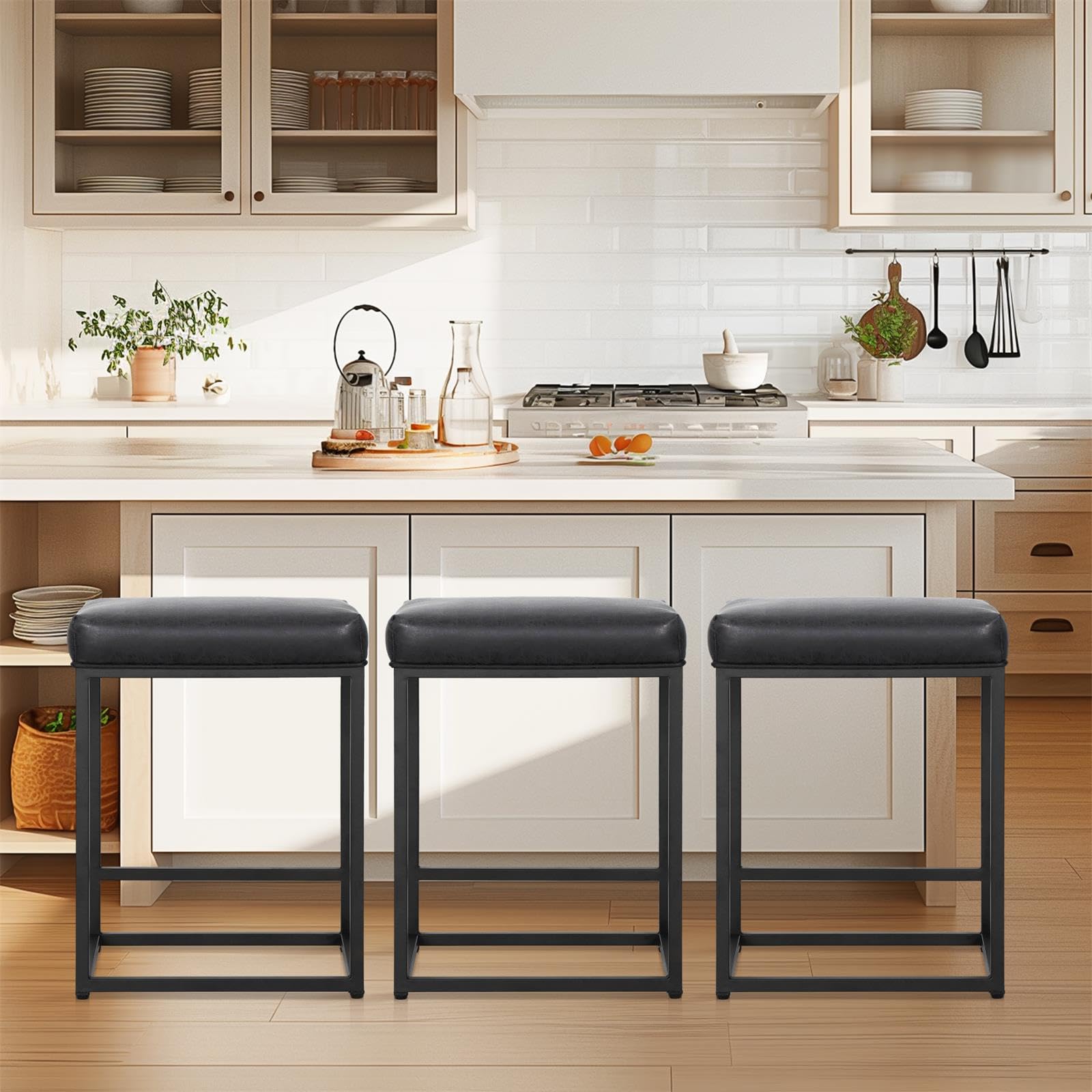 Sophia & William Black Bar Stools Set of 3, Counter Height 24" Leather Bar Stools for Kitchen Island
