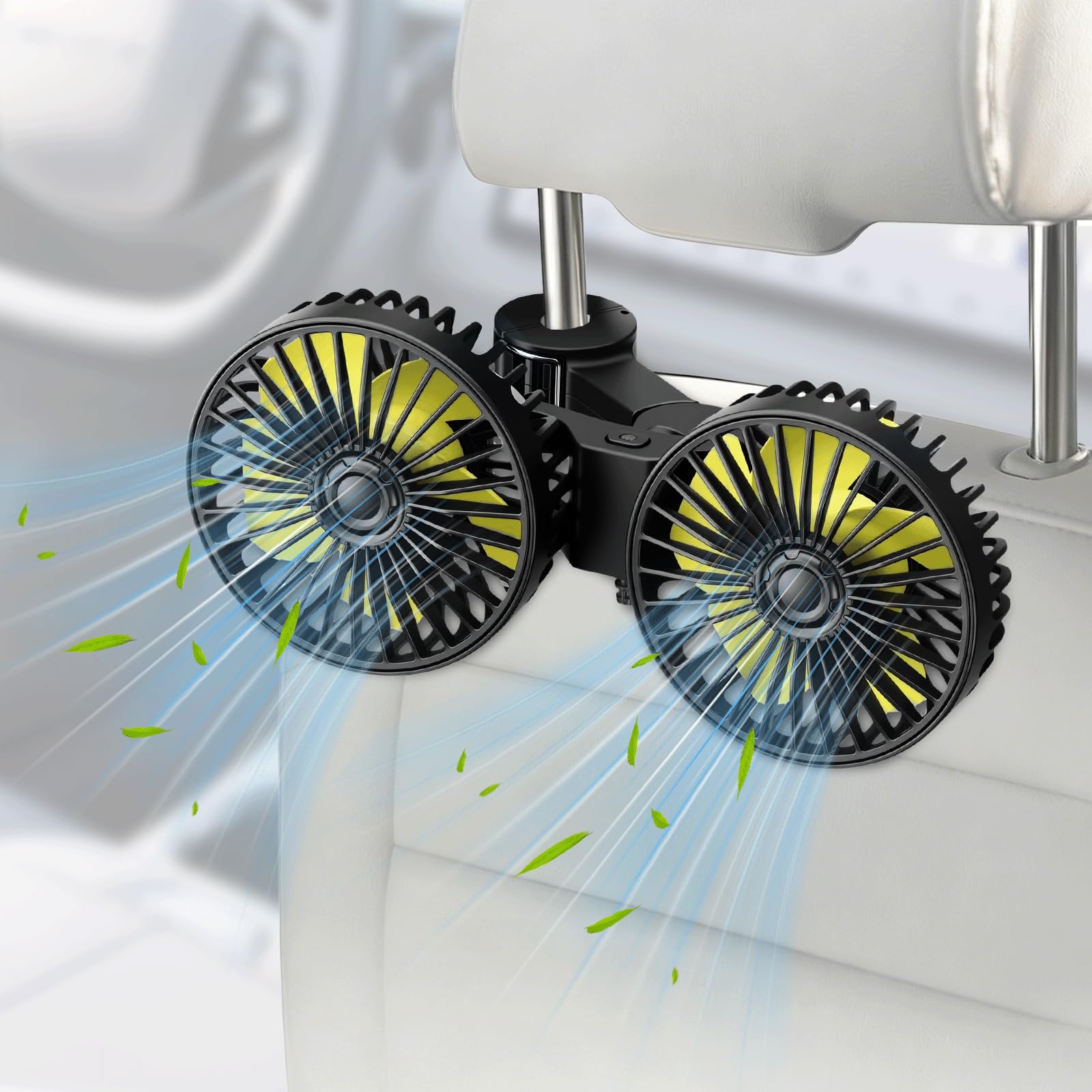 Ventilatore Auto USB a Doppia Testa per Sedile Posteriore, Ventilatore Portatile con 3 Velocità e Rotazione a 360°, Ventola di Raffreddamento Silenziosa Universale per Tutte le Auto