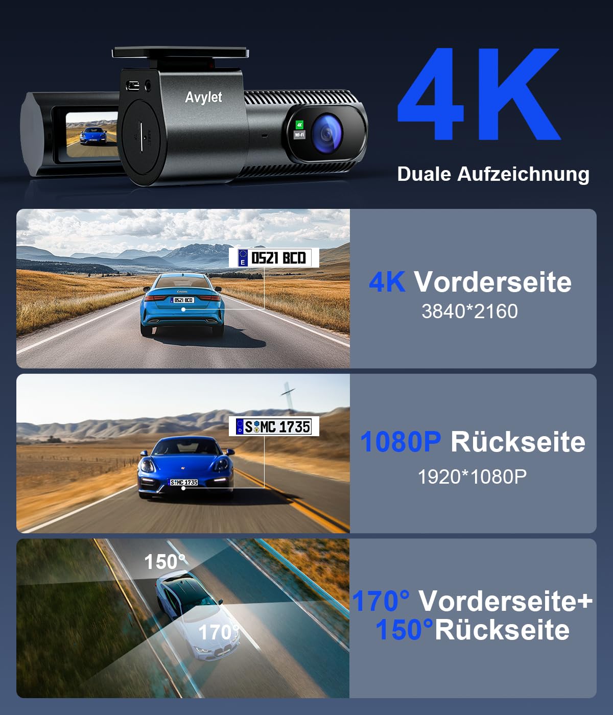 Avylet 4K+1080P Dash cam Mini Dual 5G WiFi Front Rear Camera | 1.5" IPS, Parküberwachung, WDR Super Nachtsicht, G-Sensor, OTA, Dashcam ext.GPS, 170°Weitwinkel, Dashcam Auto Vorne Hinten