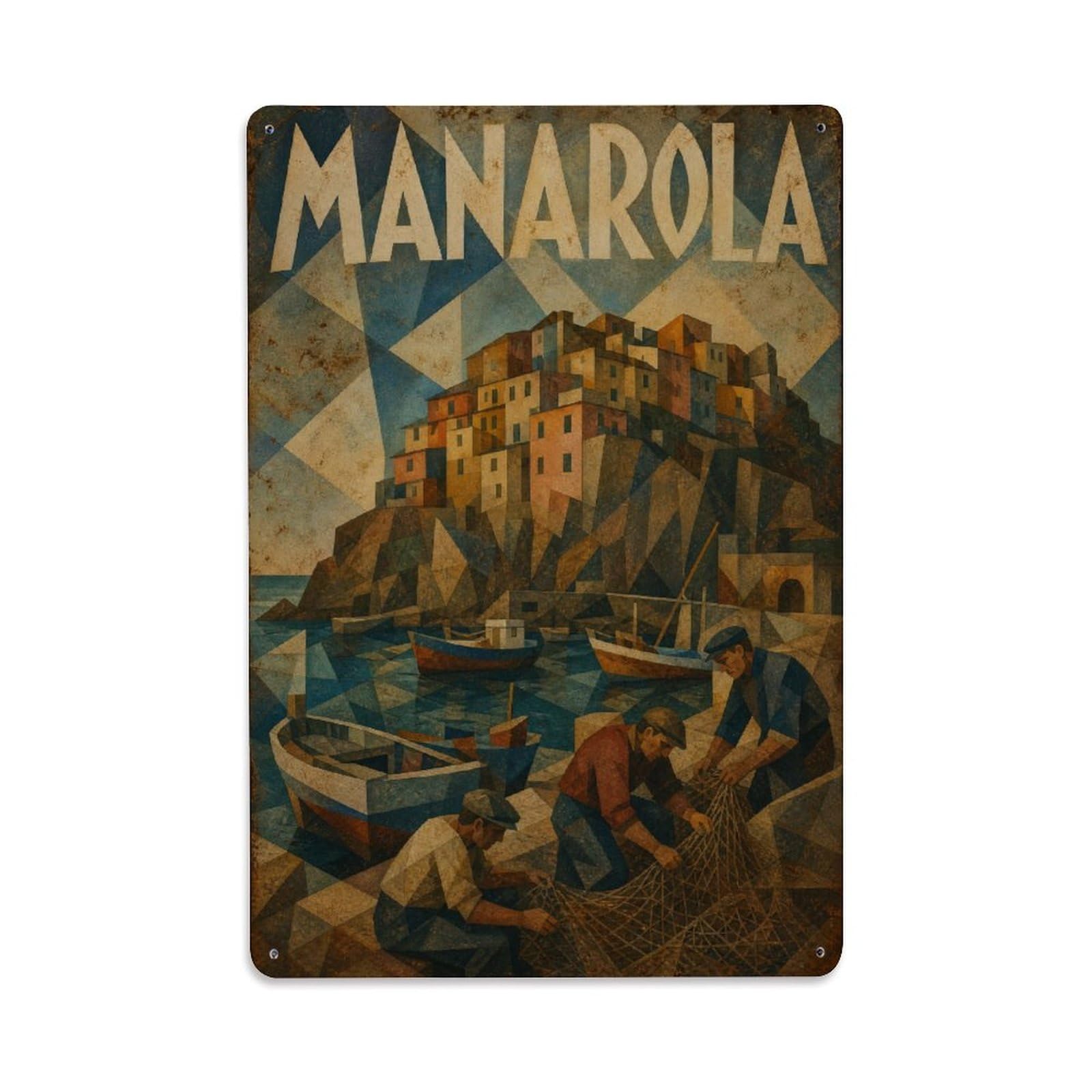 Huiyhb 8X12inch(20X30cm) Vintage Travel Manarola Harbor Scene Fishing Village Life Italy Metal Tin Sign