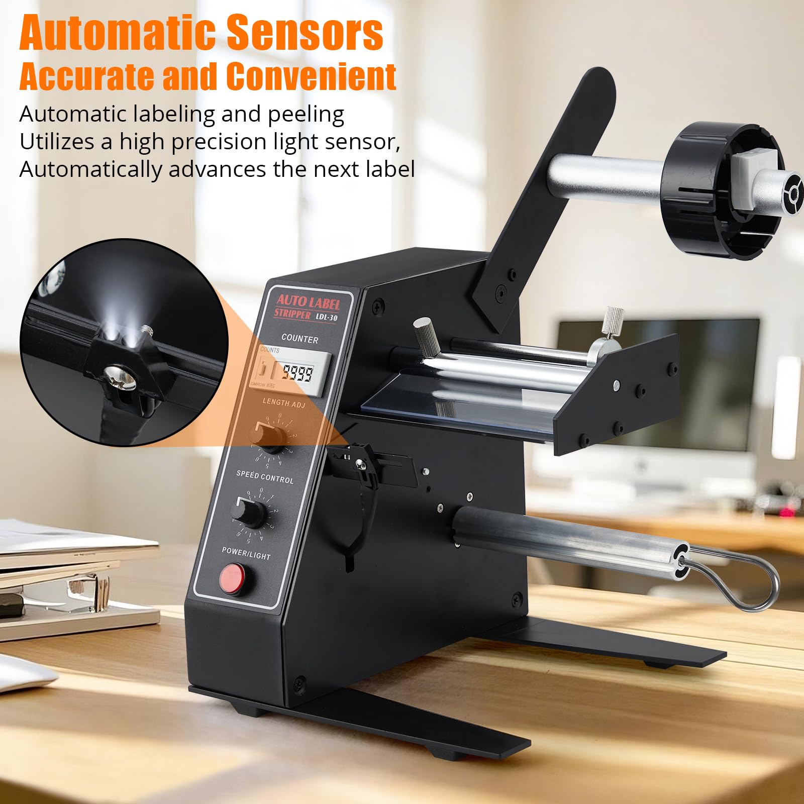 Automatic Label Dispenser, 110V Label Stripper Label Separating Machine, Electric Label Separator Machine for Printed Translucent Opaque Label, 1-8m/Min Speed Adjustable Electric Label Machine Auto Co