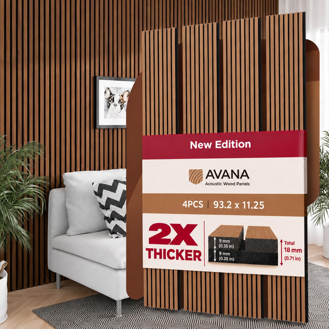Avana Acoustic Wood Wall Panels – 93.2x11.25 Inch Panels – Fits 94x12 Layout – Rustic Walnut Acoustic Panels 4 PCs –Wall Panels For Interior Wall Decor For Homes, Offices – Durable Wood Panel For Wall