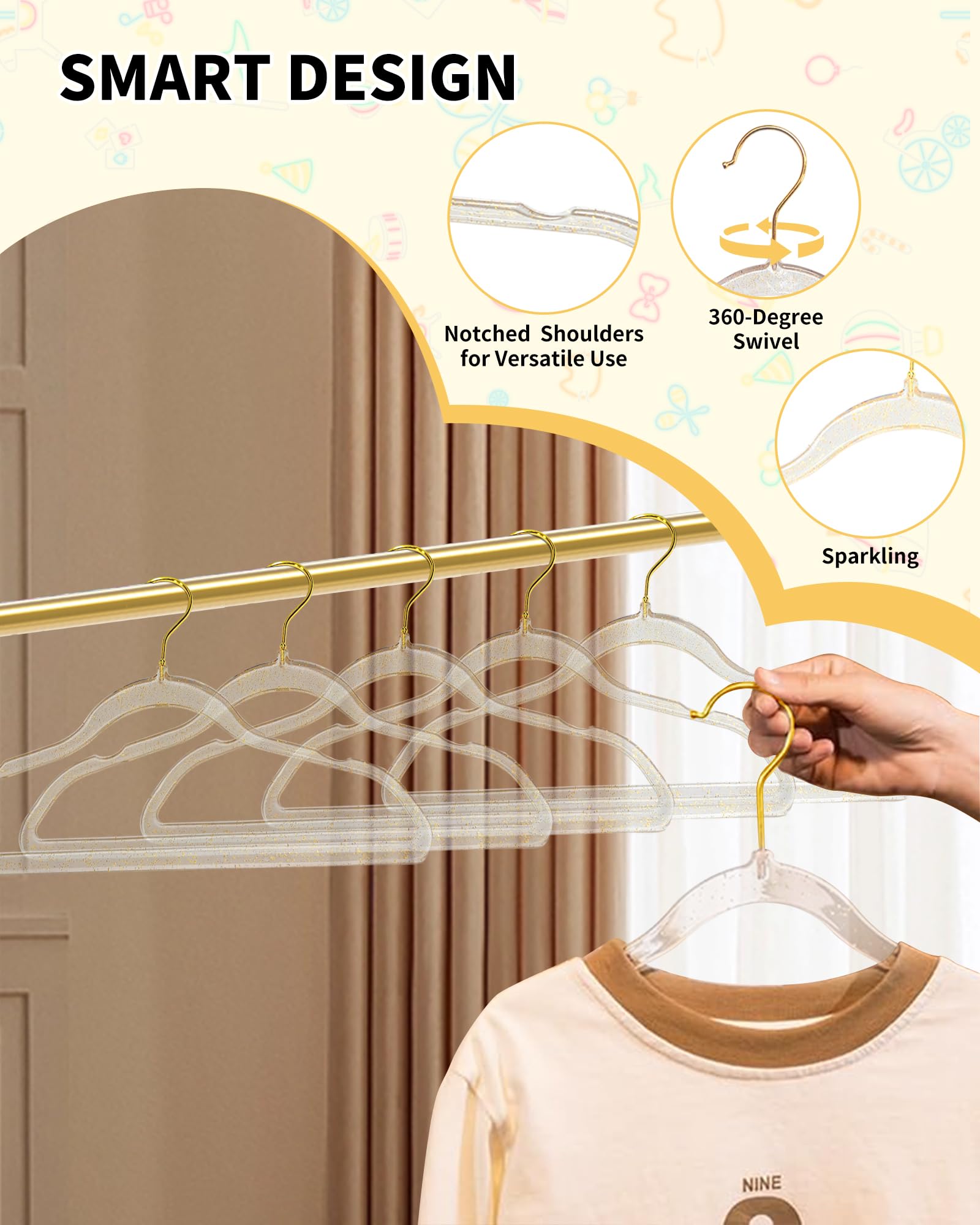 HGYZE Perchas transparentes para niños, 50 perchas ultrafinas para bebés con 10 ganchos de conector, organizador de armario, colgador de abrigo infantil, percha para niños y niñas, perchas doradas