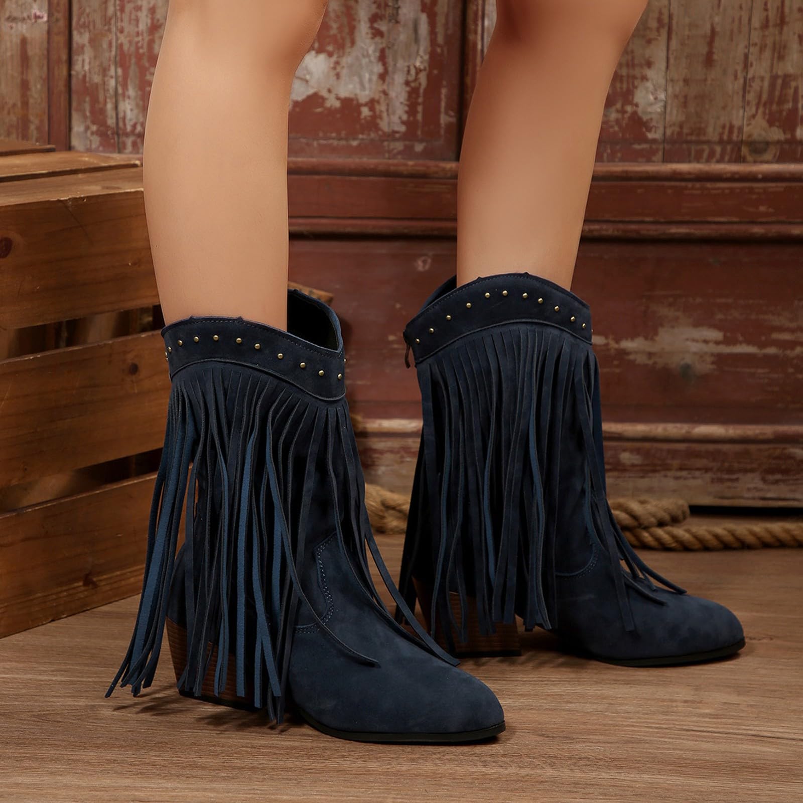 Botas por Encima de la Rodilla Botas de Media caña con tacón Grueso, Estilo Vaquero, Botines Western con Flecos.