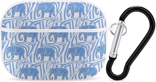Funda para AirPods Pro & Pro 2, diseño de elefante azul y blanco, con llavero frontal LED visible para mujeres y hombres