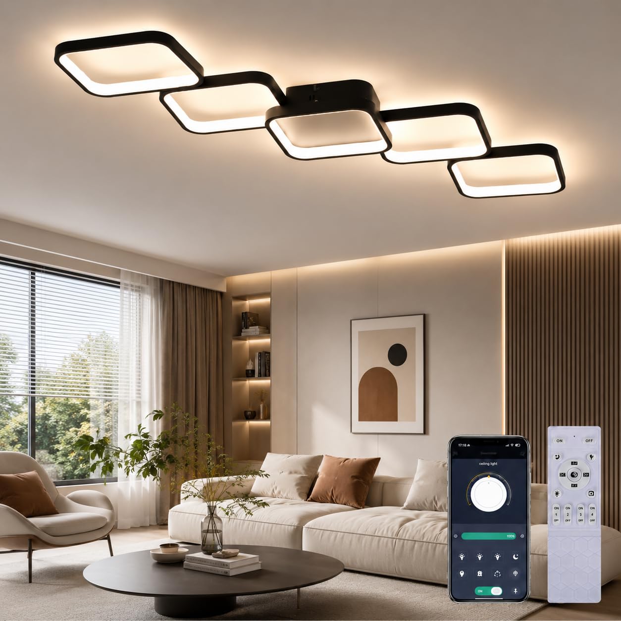 Plafoniera LED Dimmerabile 54W 5400LM con Telecomando/APP, Lampada da Soffitto Moderna 106x30cm con Funzione Memoria e Luce Notturna, Luce LED per Soggiorno, Camera da Letto, Cucina, Sala da Pranzo