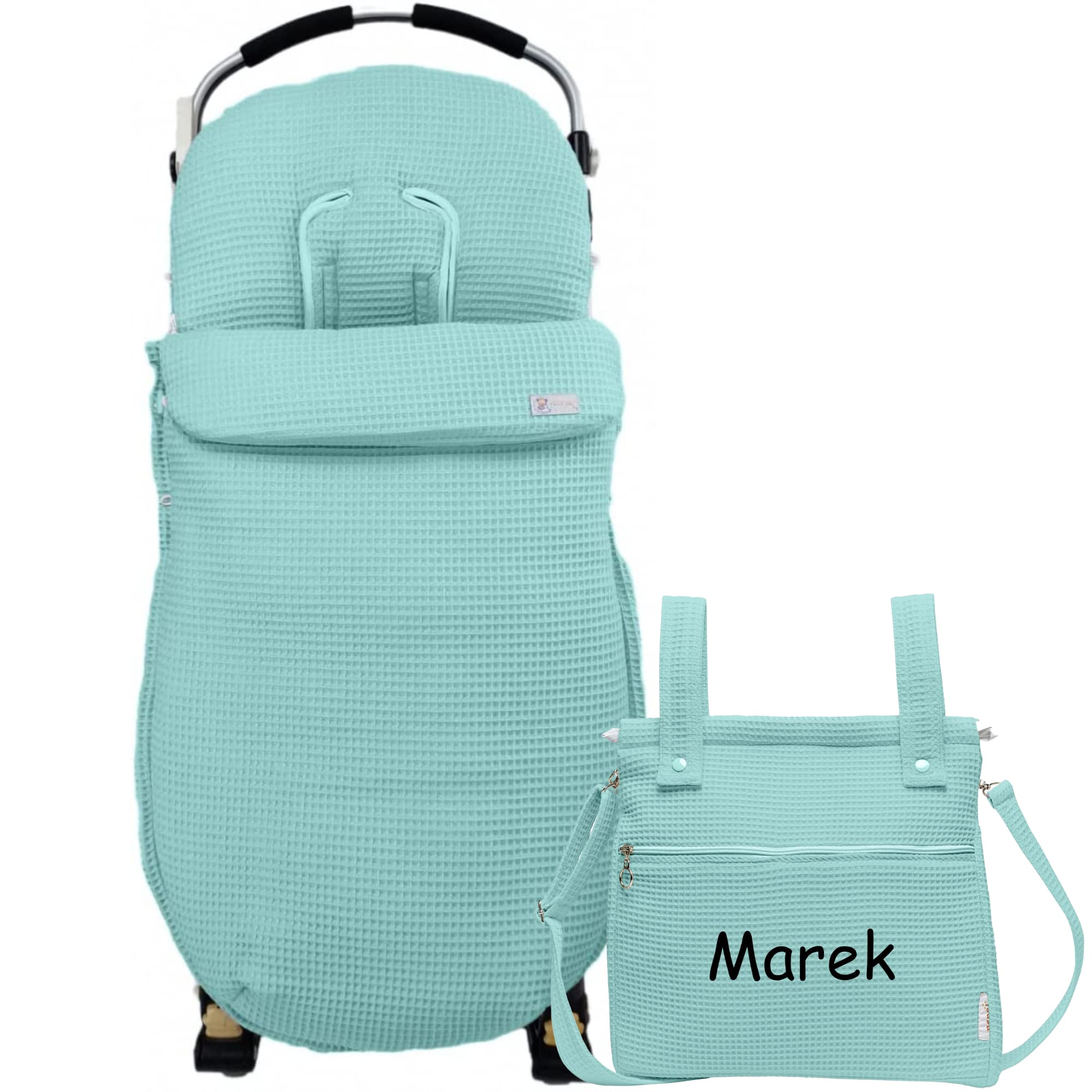 Conjunto de Saco Silla de paseo Universal + Bolso Panera Personalizada – Conjunto Saco Universal + Talega o bolsa para carrito bordada con nombre – Gofre - Waffle – Nenel (Verde agua)