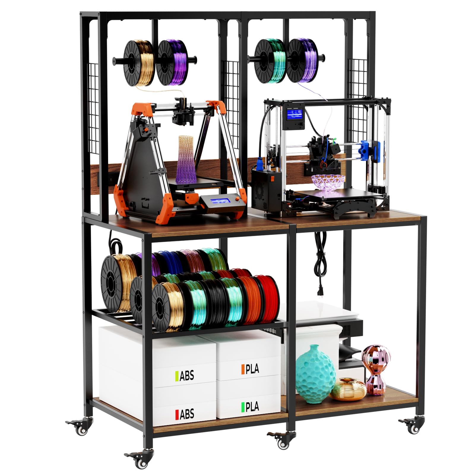 Podwójny stojak na drukarkę 3D z metalowym uchwytem filamentowym, uchwyt filamentowy w kształcie litery T, zamykane kółka, mobilny lub stały stół roboczy do 2 drukarek 3D, odpowiedni do gospodarstwa