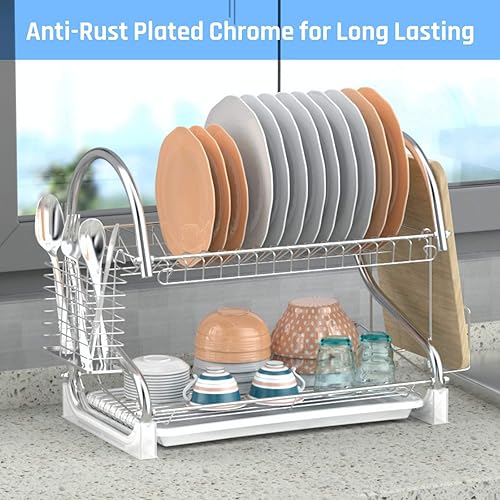 Miniatura 7 de Escurridor de platos, escurridor de platos de 2 niveles con soporte para utensilios, soporte para tabla de cortar y escurridor de platos para