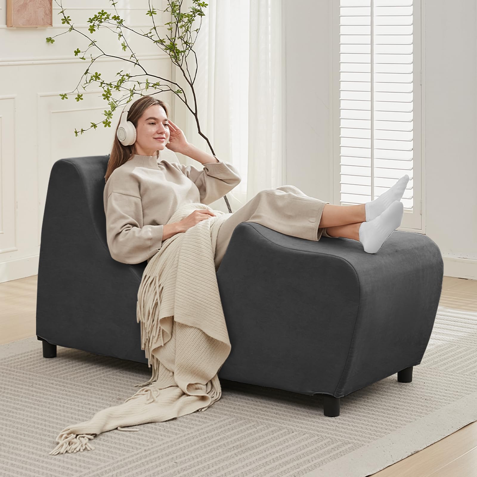 Mjkone Chaise Lounge Chair Indoor with Lumbar Support Pillow, Lounger Chairs for Stretching, Relaxation, Solid Wood Ergonomic Chair for Living Room