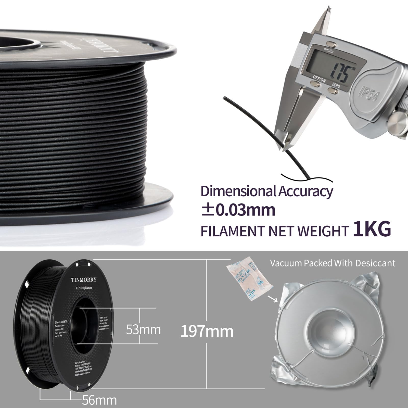 TINMORRY Glasfaserverstärktes PETG Filament 1.75mm, Hohe Schlagzähigkeit PETG GF 3D Druck Filament, Haltbarkeit & Steifigkeit, Passend für die meisten FDM 3D Drucker, 1 KG 1 Spule, Frosted Schwarz