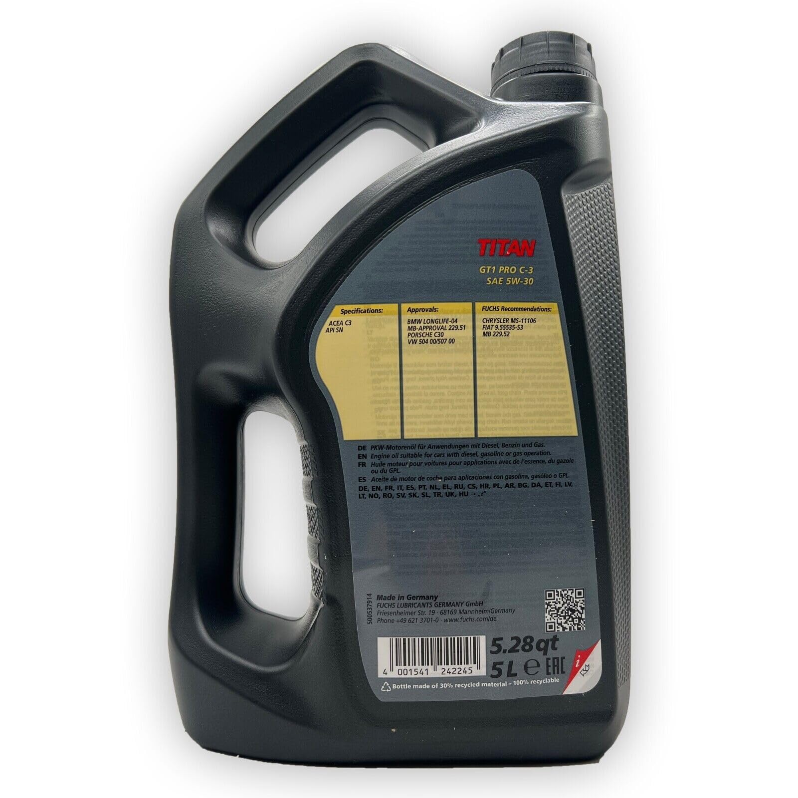 5 L Fuchs Titan GT1 Pro C-3 5W30 | passend für | VW 504 00 | VW507 00 | MB 229.51 | BMW LONGLIFE-04 | PORSCHE C30 | 5 Liter | Motoröl | Motorenöl |mit Trichter