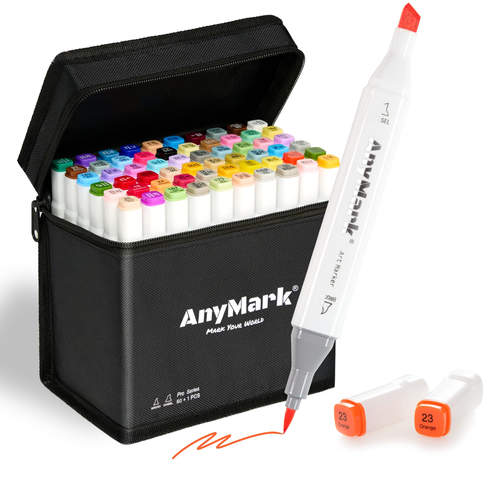 AnyMark Alcohol Markers Brush Tip, 60+1 Colors Dual Tip Brush & Chisel Alcohol-Based Art Markers Set with Case for Adult Artists Drawing Coloring