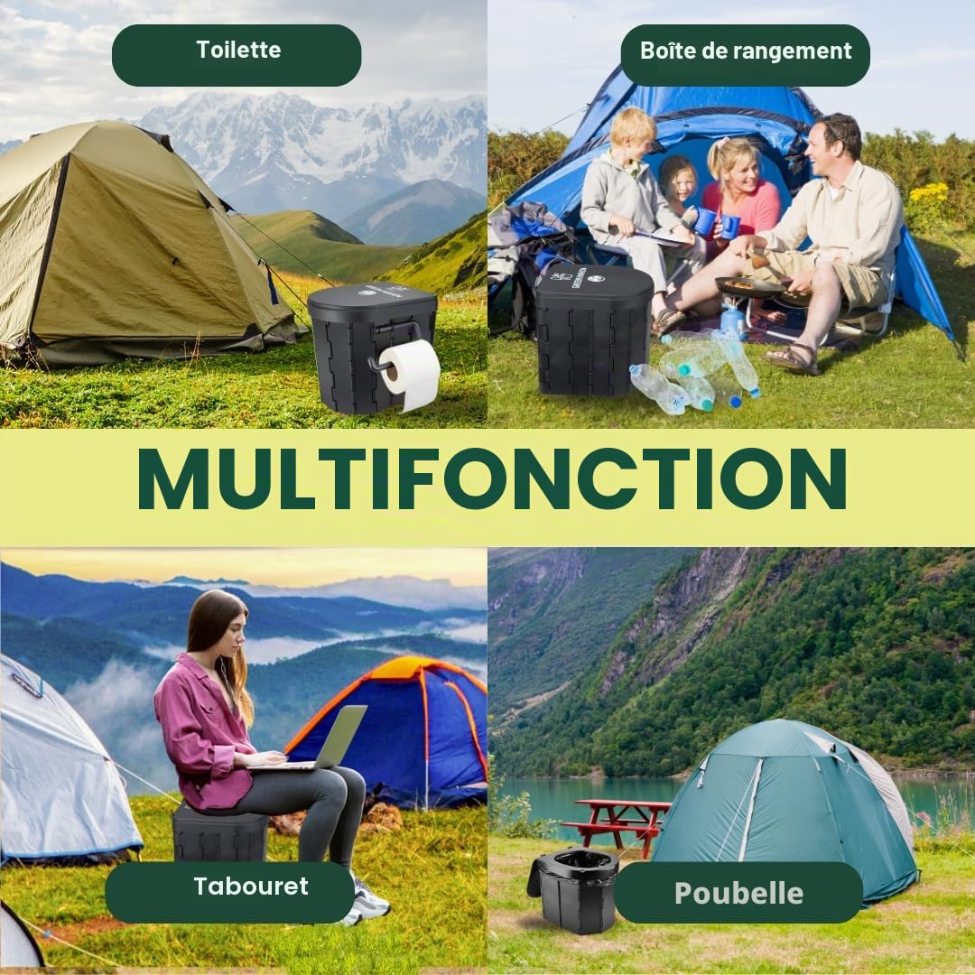 Green Haven toilette portable pliable | wc camping adulte, 12 sacs inclus | SEAU HYGIÉNIQUE COMPACT: pot de chambre · festival · caravane · voyage · résistant · 6 litres · porte-rouleau · randonnée