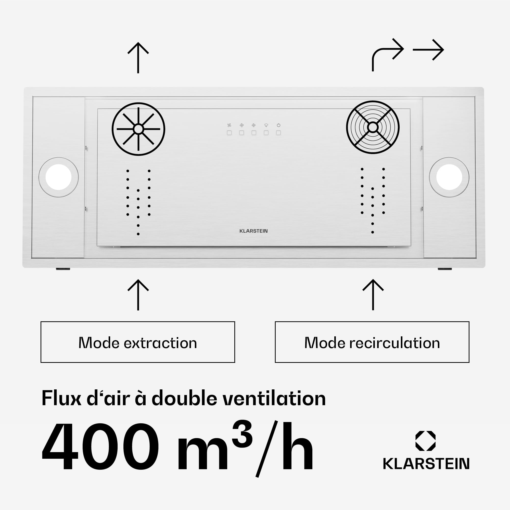 Klarstein TurboMax Hotte Aspirante, 75cm Hotte Cuisine Intégrée, 380 m³/h Débit d'Air, Énergie A+, LED, Filtre à Charbon & Aluminium, 3 Vitesses, Design Discret