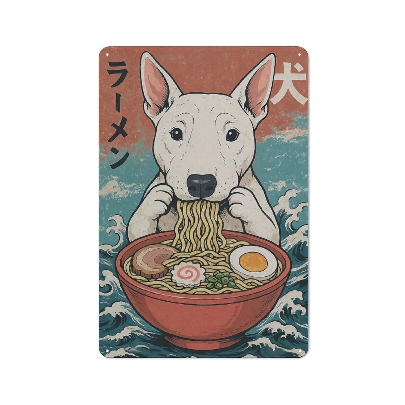 Industrial English Bull Terrier Eating Ramen Decorative Metal Plaque 30x20cm, Studio Wall Art for Flat, Bar, Studio Or Gallery Wall