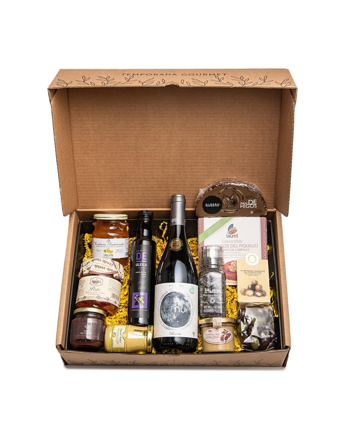 Cesta Gourmet Regalo OLIVA Veggie - Aceite de oliva virgen extra, Vino tinto, Paté de aceitunas, Pimientos del Piquillo, Hummus de berenjena, Mostaza, Sal negra, Mermelada de melón, Pan de higo...