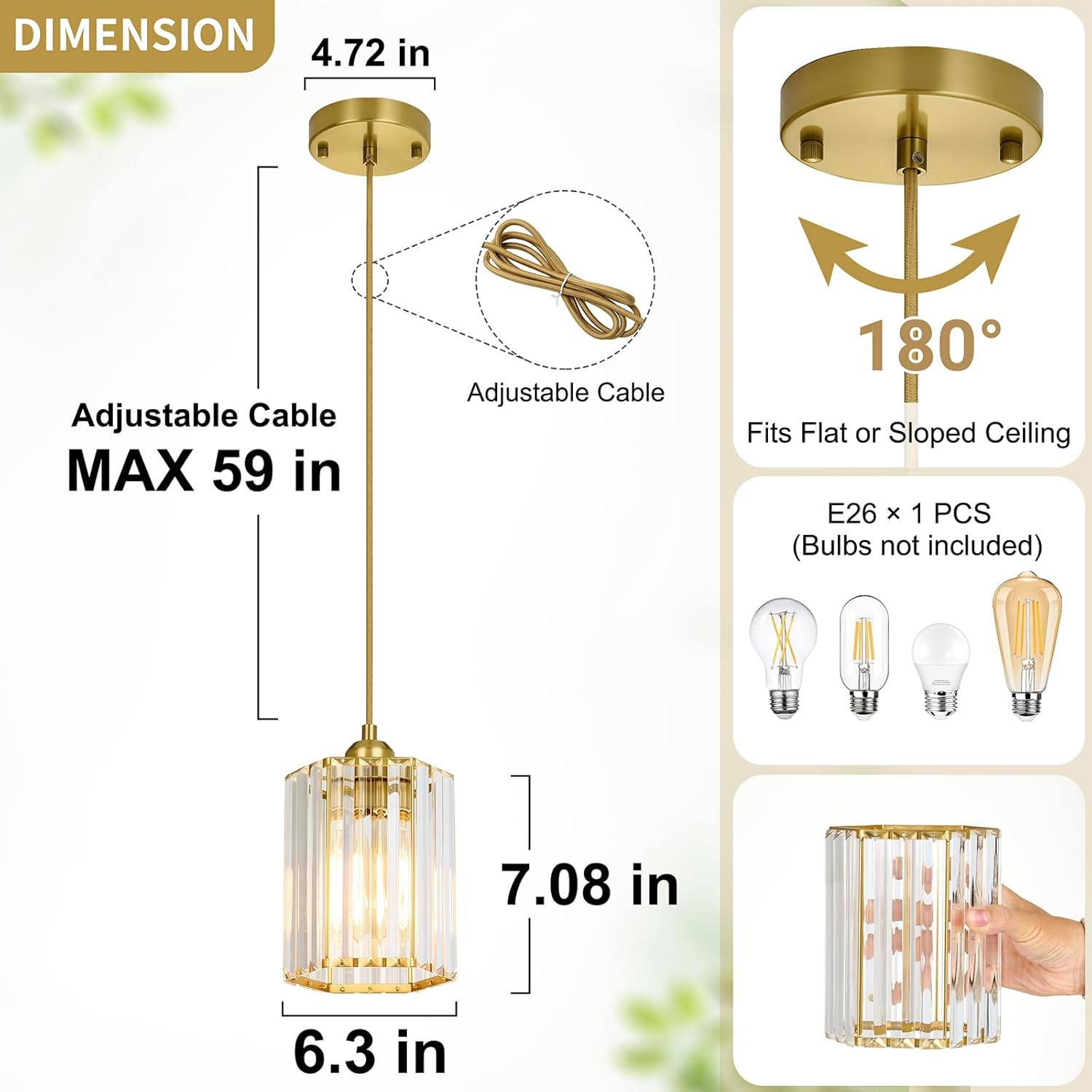 1 Pack K9 Crystal Pendant Light, Adjustable Hanging Gold Pendant Light Fixture over Island Lights For Kitchen, 1-Light Modern Pendant Lights Kitchen Island, Bedroom Bathroom Dining Room over Sink