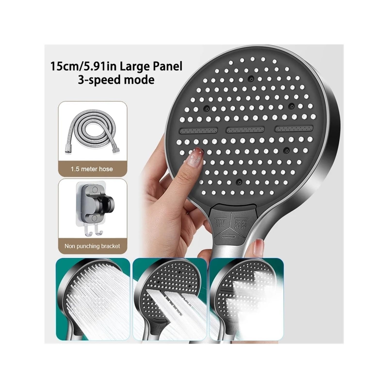 Cabezal de ducha de 3 modos de 15 cm con manguera | Alta presión, 3 modos ajustables, portátil, panel grande, uso en baño(SET A)