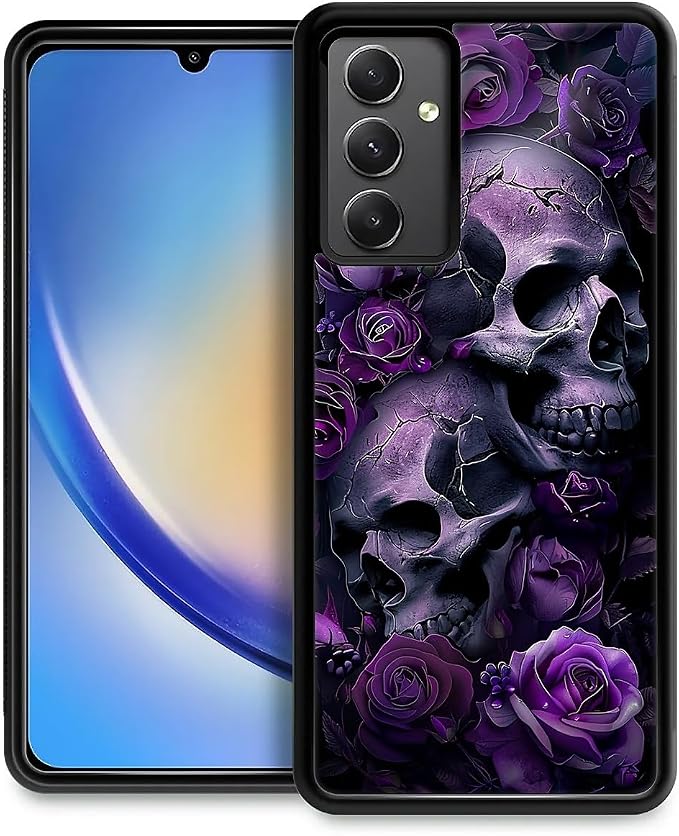 Compatible with Samsung Galaxy A54 5G Mobile Case Creative Acrylic Back Panel Silicone Protection Grip Specially Designed for Samsung Galaxy A54 5G Purple Skull Rose